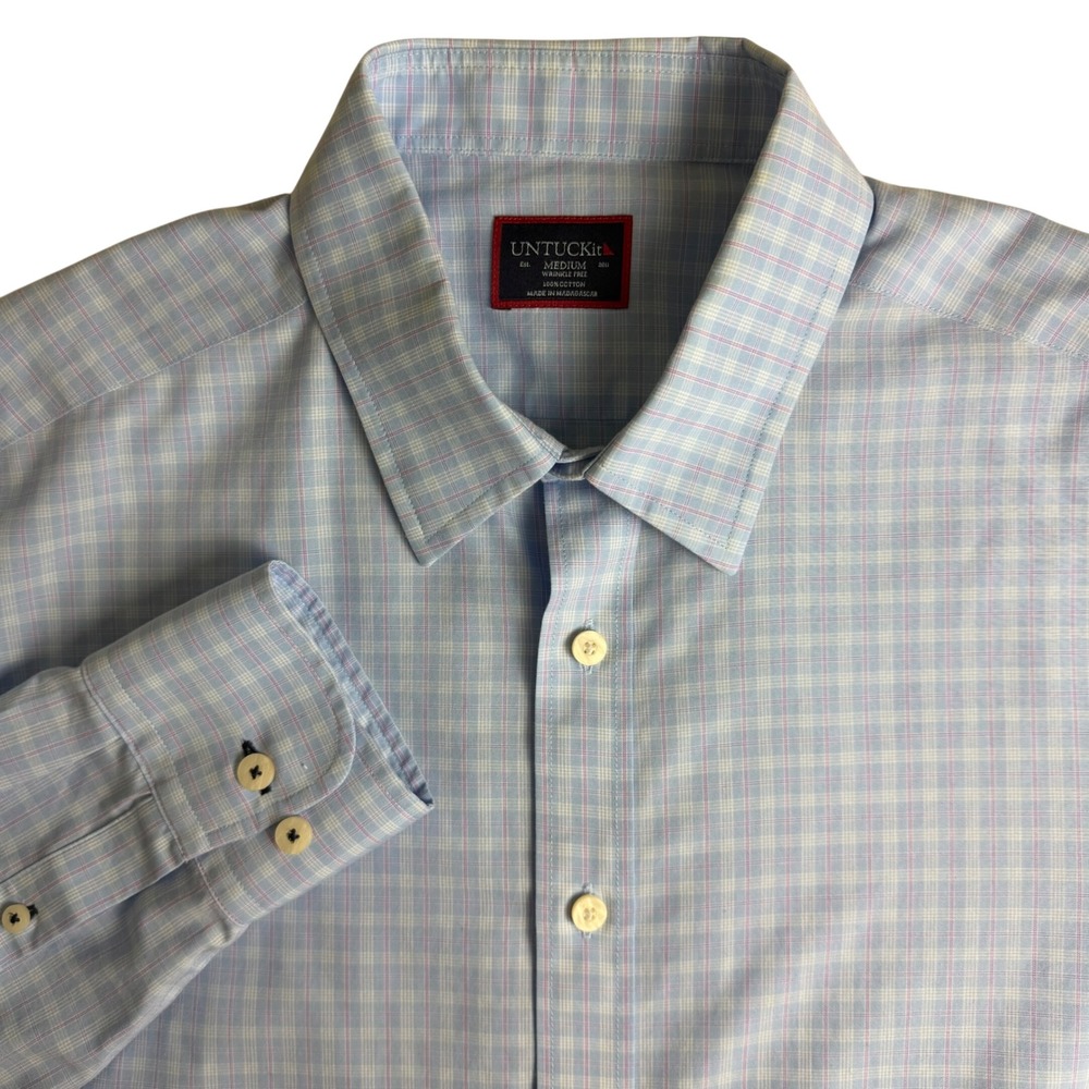 UNTUCKit Collalto WF Button Down Mens Medium Light Blue Plaid Wrinkle Free 41439